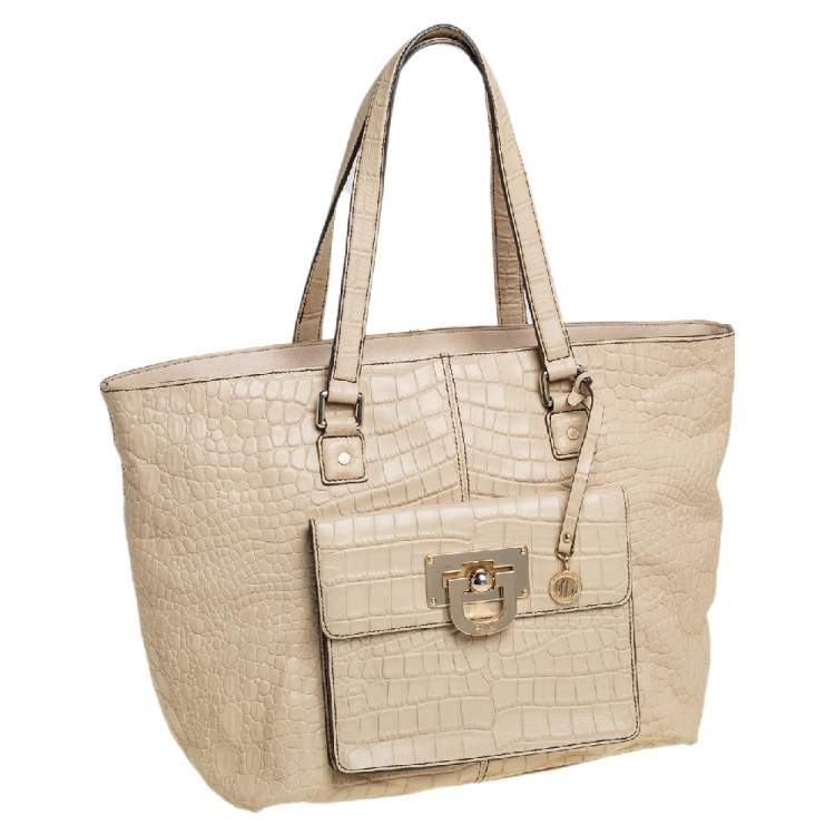 Pre Owned DKNY Cream Croc Embossed Leather Front Pocket Tote