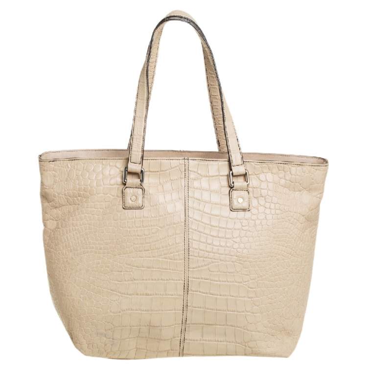 Pre Owned DKNY Cream Croc Embossed Leather Front Pocket Tote