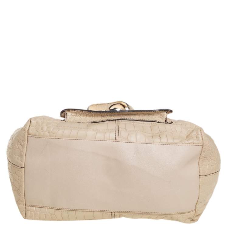 Pre Owned DKNY Cream Croc Embossed Leather Front Pocket Tote