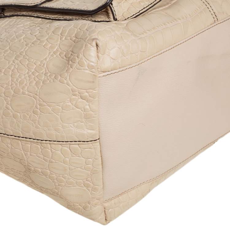 Pre Owned DKNY Cream Croc Embossed Leather Front Pocket Tote