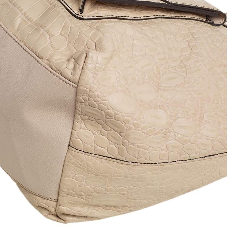Pre Owned DKNY Cream Croc Embossed Leather Front Pocket Tote