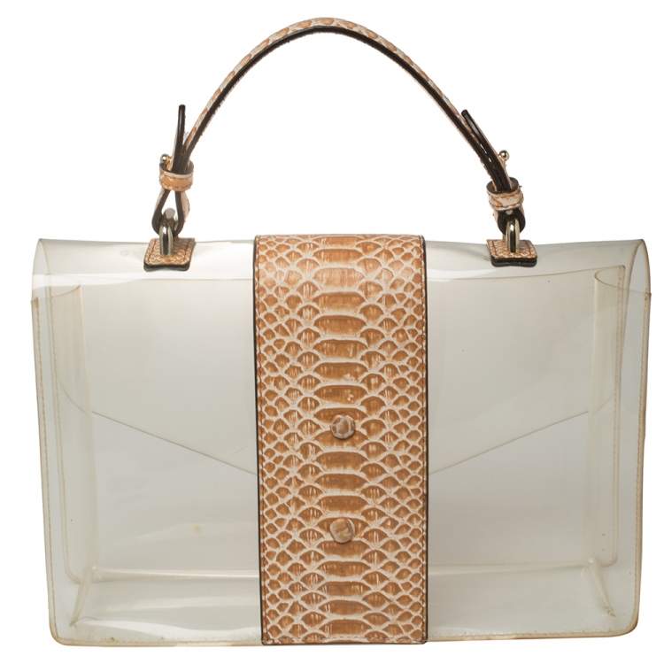 Pre Owned DKNY Beige PVC and Python Embossed Leather Elissa Clear Top Handle Bag