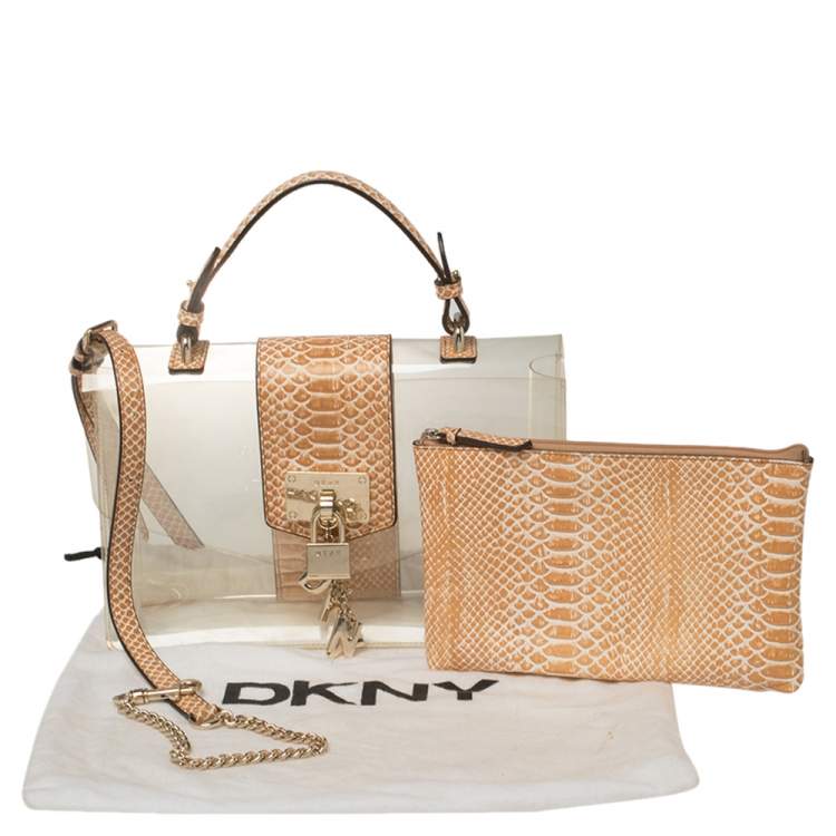 Pre Owned DKNY Beige PVC and Python Embossed Leather Elissa Clear Top Handle Bag