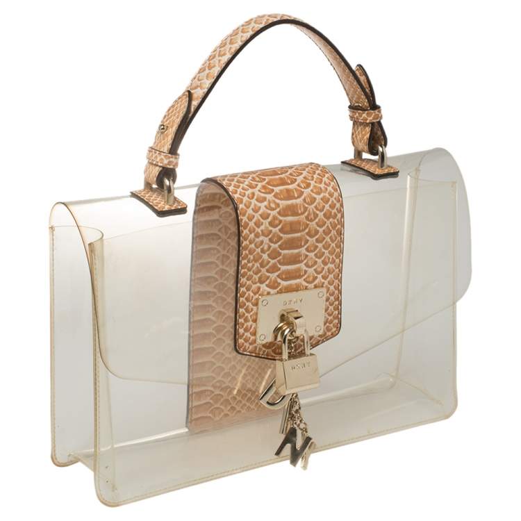 Pre Owned DKNY Beige PVC and Python Embossed Leather Elissa Clear Top Handle Bag