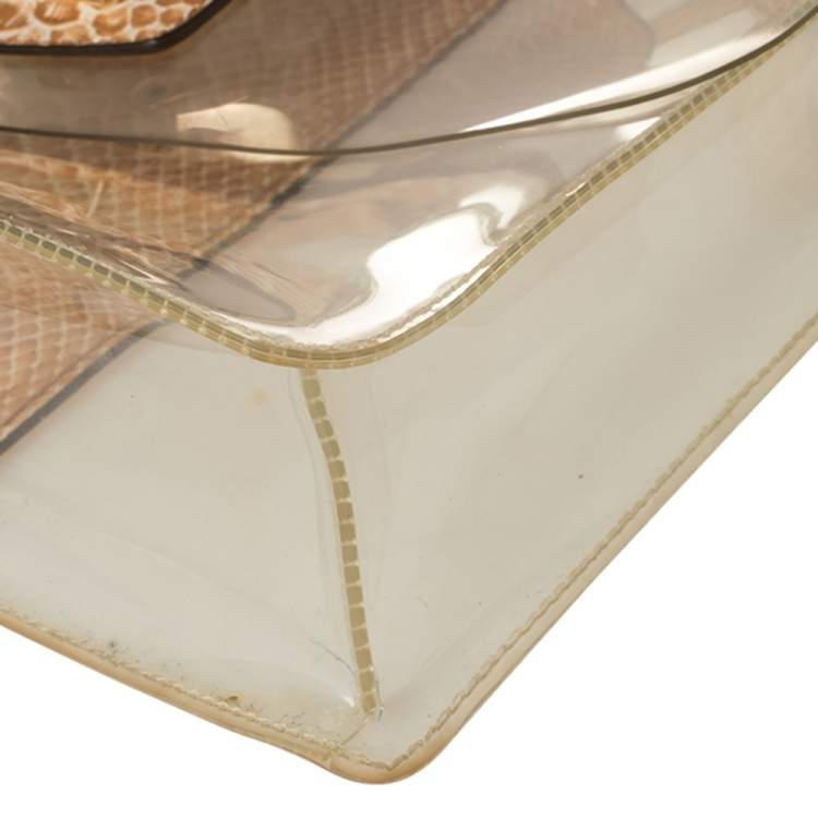 Pre Owned DKNY Beige PVC and Python Embossed Leather Elissa Clear Top Handle Bag