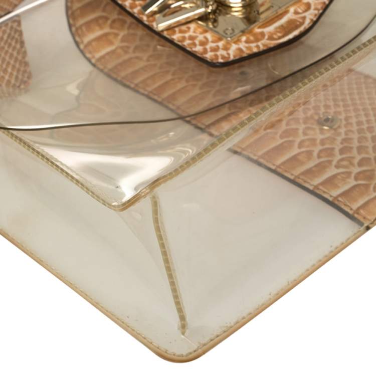 Pre Owned DKNY Beige PVC and Python Embossed Leather Elissa Clear Top Handle Bag
