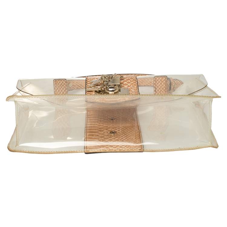 Pre Owned DKNY Beige PVC and Python Embossed Leather Elissa Clear Top Handle Bag