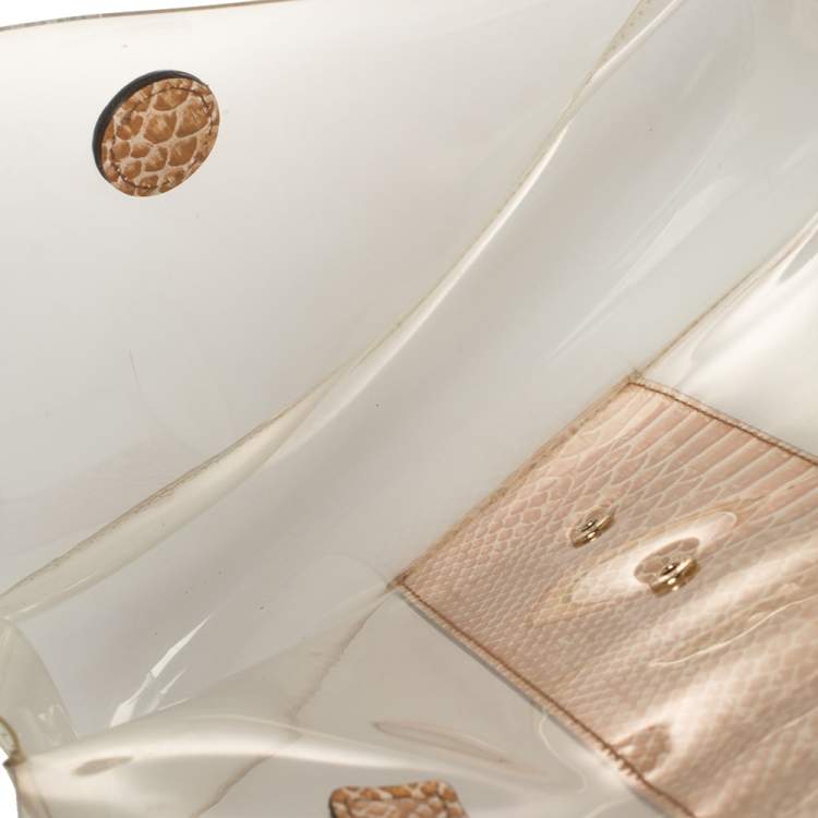 Pre Owned DKNY Beige PVC and Python Embossed Leather Elissa Clear Top Handle Bag