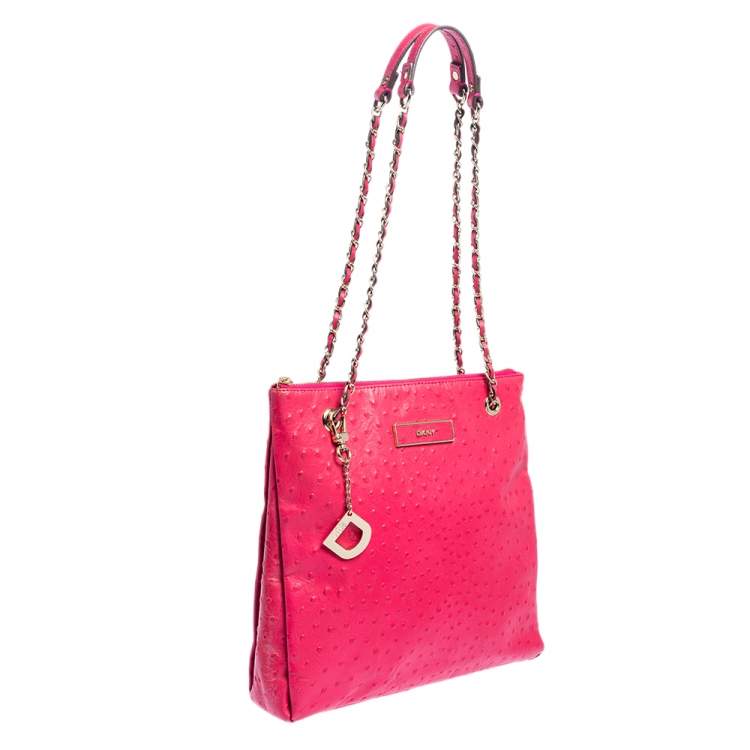 Pre Owned DKNY Hot Pink Ostrich Embossed Leather Chain Shoulder Bag