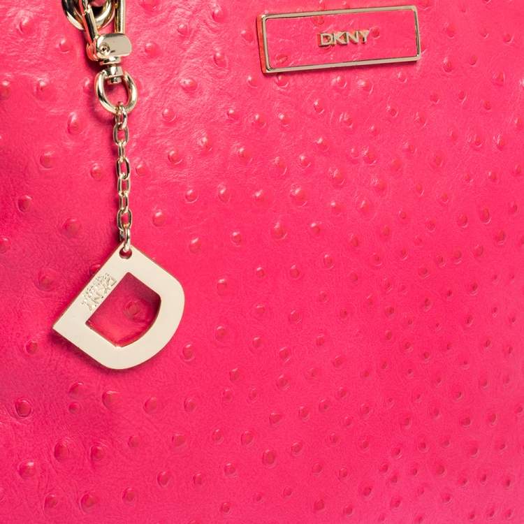 Pre Owned DKNY Hot Pink Ostrich Embossed Leather Chain Shoulder Bag