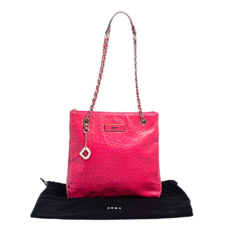 Pre Owned DKNY Hot Pink Ostrich Embossed Leather Chain Shoulder Bag