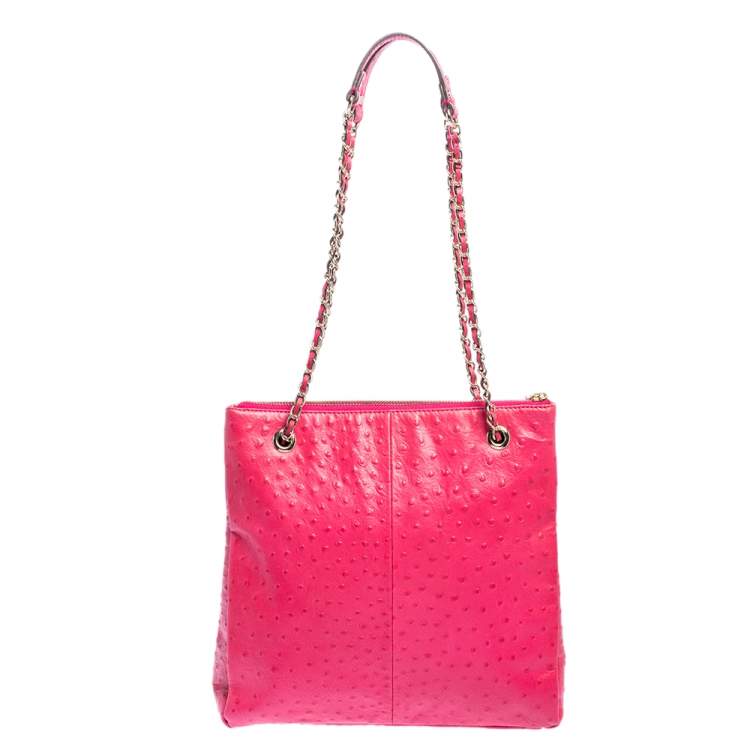Pre Owned DKNY Hot Pink Ostrich Embossed Leather Chain Shoulder Bag
