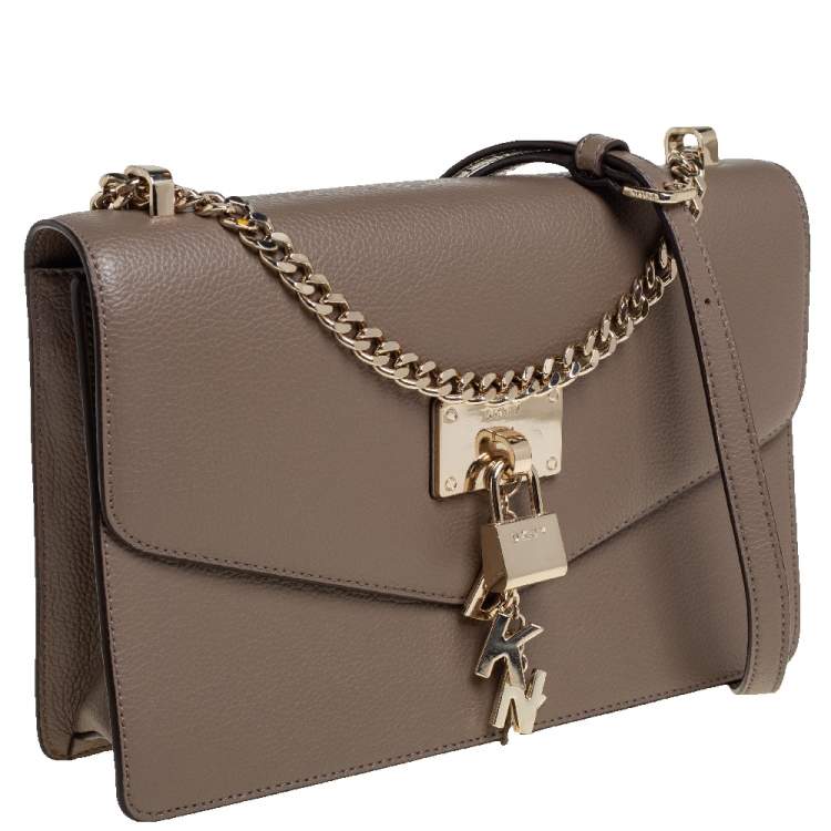 Pre Owned DKNY Dark Beige Leather Padlock Flap Shoulder Bag