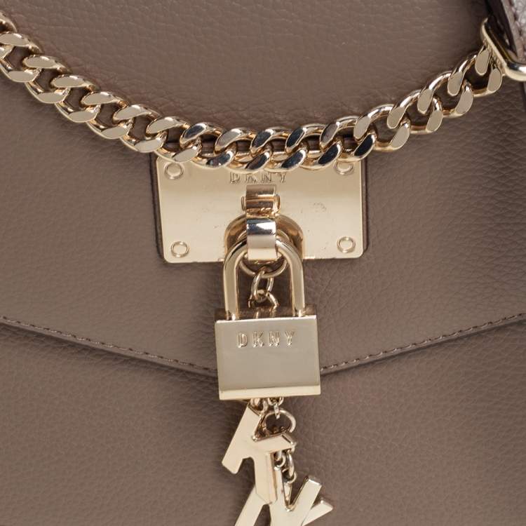 Pre Owned DKNY Dark Beige Leather Padlock Flap Shoulder Bag