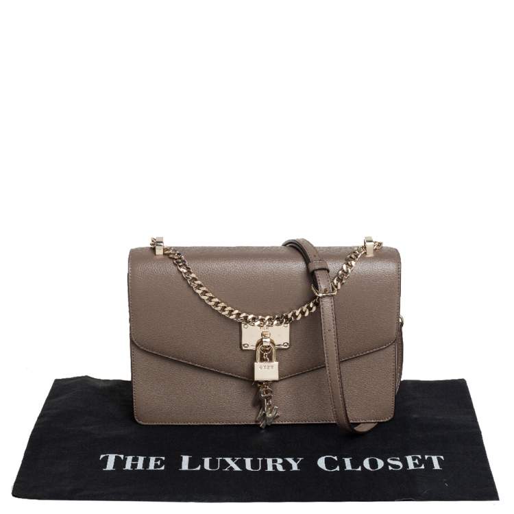 Pre Owned DKNY Dark Beige Leather Padlock Flap Shoulder Bag