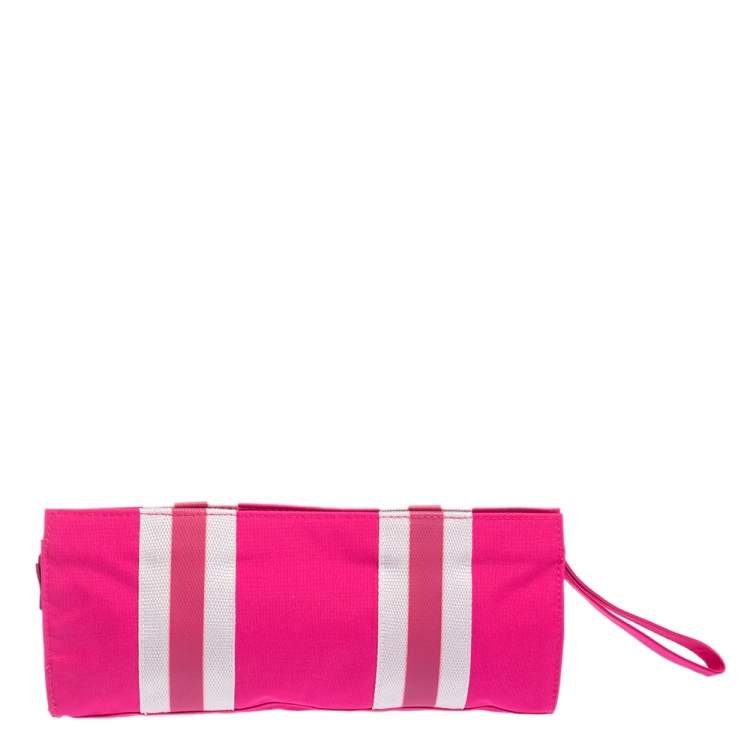 Pre Owned Dkny Pink/White Logo Stripe Nylon Wristlet Pouch