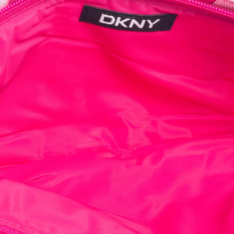 Pre Owned Dkny Pink/White Logo Stripe Nylon Wristlet Pouch