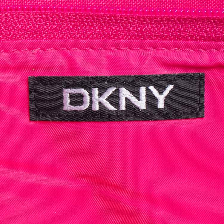 Pre Owned Dkny Pink/White Logo Stripe Nylon Wristlet Pouch