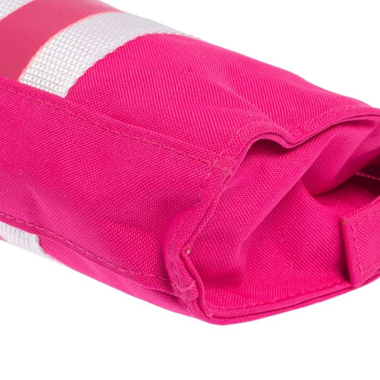 Pre Owned Dkny Pink/White Logo Stripe Nylon Wristlet Pouch