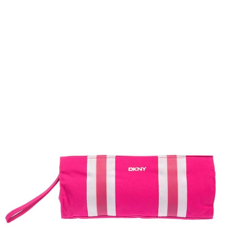 Pre Owned Dkny Pink/White Logo Stripe Nylon Wristlet Pouch