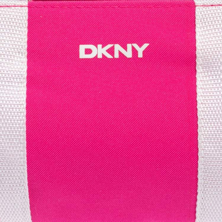 Pre Owned Dkny Pink/White Logo Stripe Nylon Wristlet Pouch