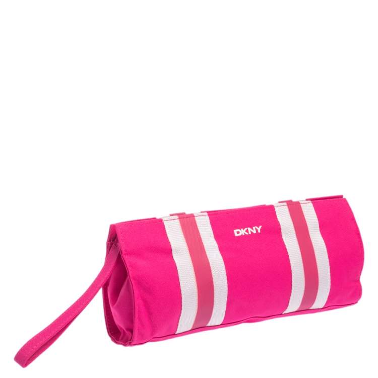 Pre Owned Dkny Pink/White Logo Stripe Nylon Wristlet Pouch