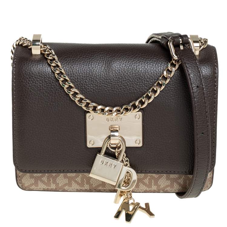 Dkny Brown Beige Signature Coated Canvas and Leather Small Elisa Crossbody Bag Dkny The Luxury Closet