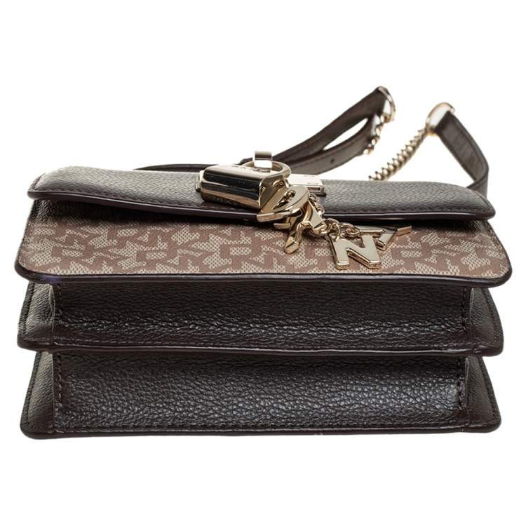 Pre Owned Dkny Brown/Beige Signature Coated Canvas and Leather Small  Elisa Crossbody Bag