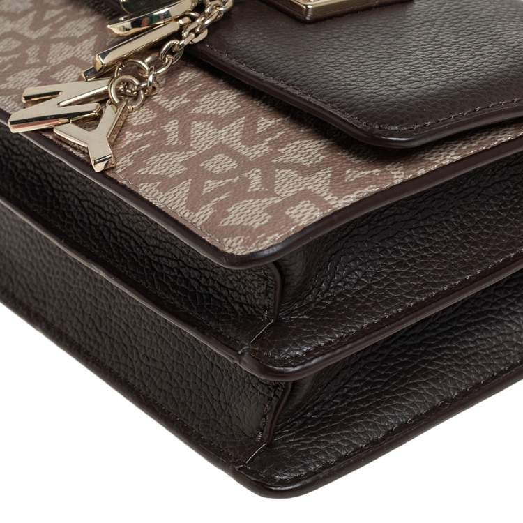 Pre Owned Dkny Brown/Beige Signature Coated Canvas and Leather Small  Elisa Crossbody Bag