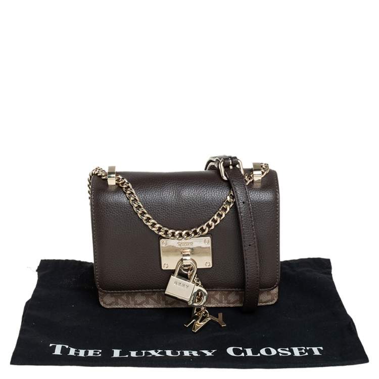 Pre Owned Dkny Brown/Beige Signature Coated Canvas and Leather Small  Elisa Crossbody Bag