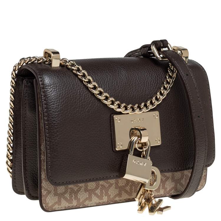 Pre Owned Dkny Brown/Beige Signature Coated Canvas and Leather Small  Elisa Crossbody Bag