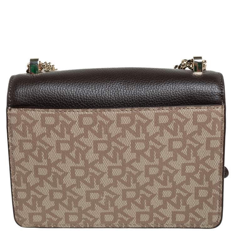 Pre Owned Dkny Brown/Beige Signature Coated Canvas and Leather Small  Elisa Crossbody Bag