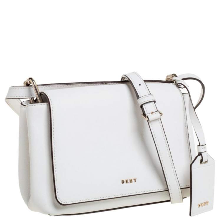 Pre Owned DKNY White Leather Logo Flap Crossbody Bag