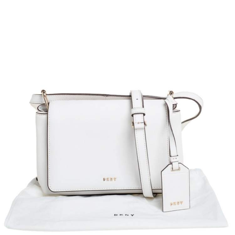 Pre Owned DKNY White Leather Logo Flap Crossbody Bag