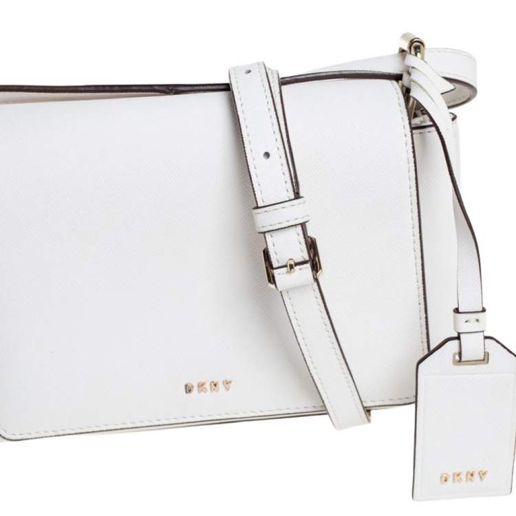 Pre Owned DKNY White Leather Logo Flap Crossbody Bag