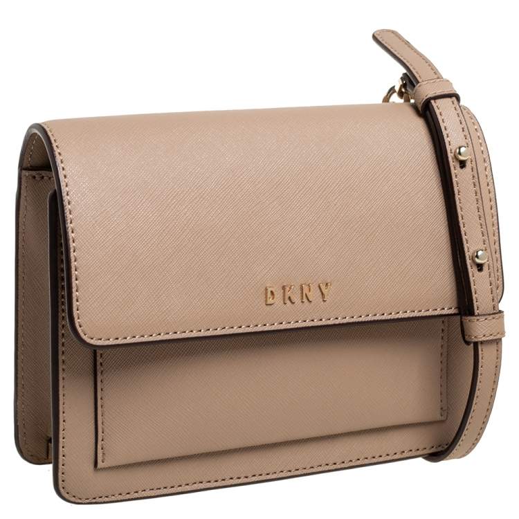 Pre Owned DKNY Beige Leather Flap Chain Crossbody Bag