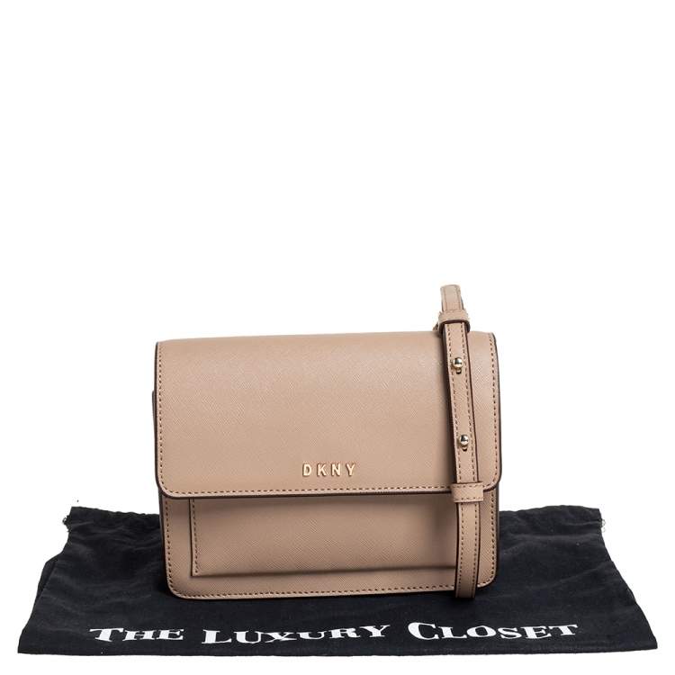 Pre Owned DKNY Beige Leather Flap Chain Crossbody Bag