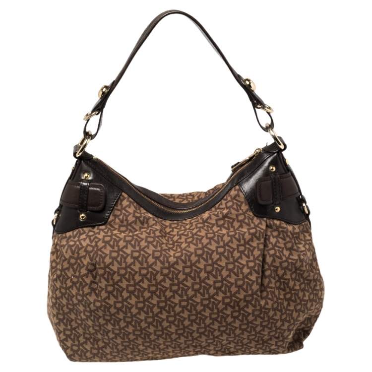 Pre Owned  Dkny Brown Leather And Canvas Monogram Hobo