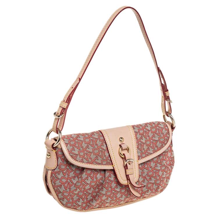 Pre Owned Dkny Beige Signature Canvas and Leather Baguette