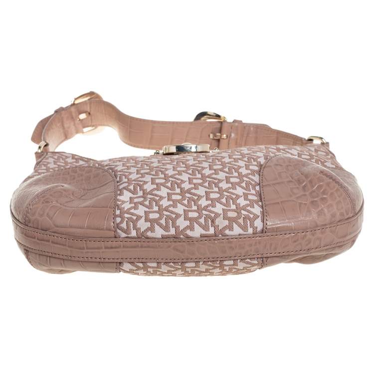 Pre Owned Dkny Beige Signature Canvas and Croc Embossed Leather Hobo
