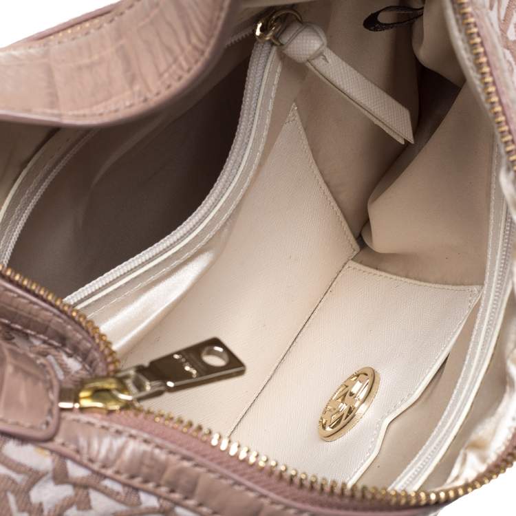 Pre Owned Dkny Beige Signature Canvas and Croc Embossed Leather Hobo