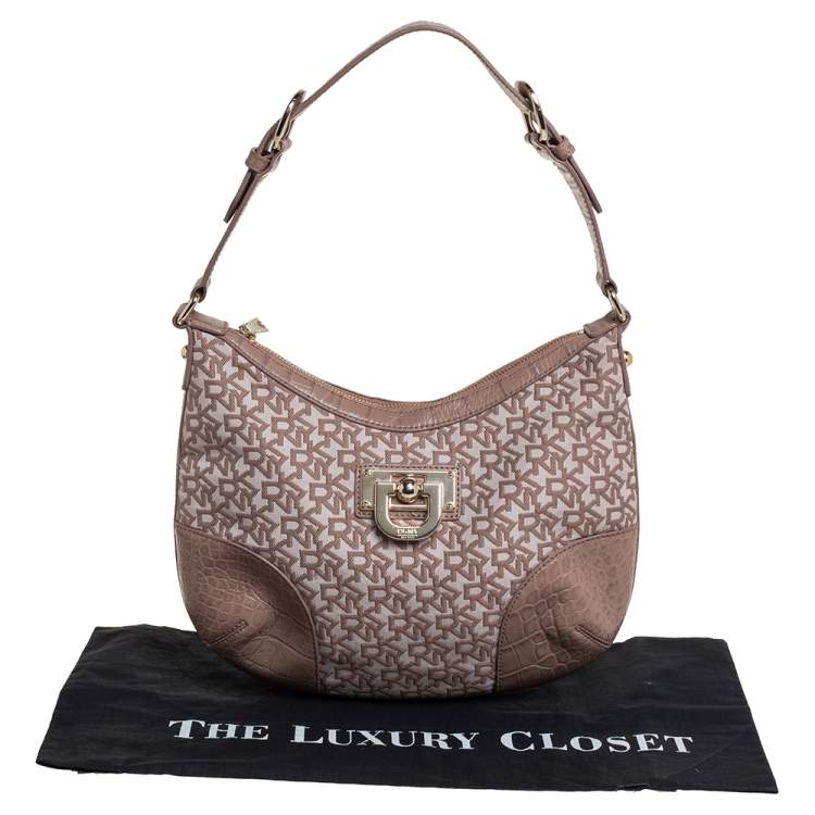 Pre Owned Dkny Beige Signature Canvas and Croc Embossed Leather Hobo