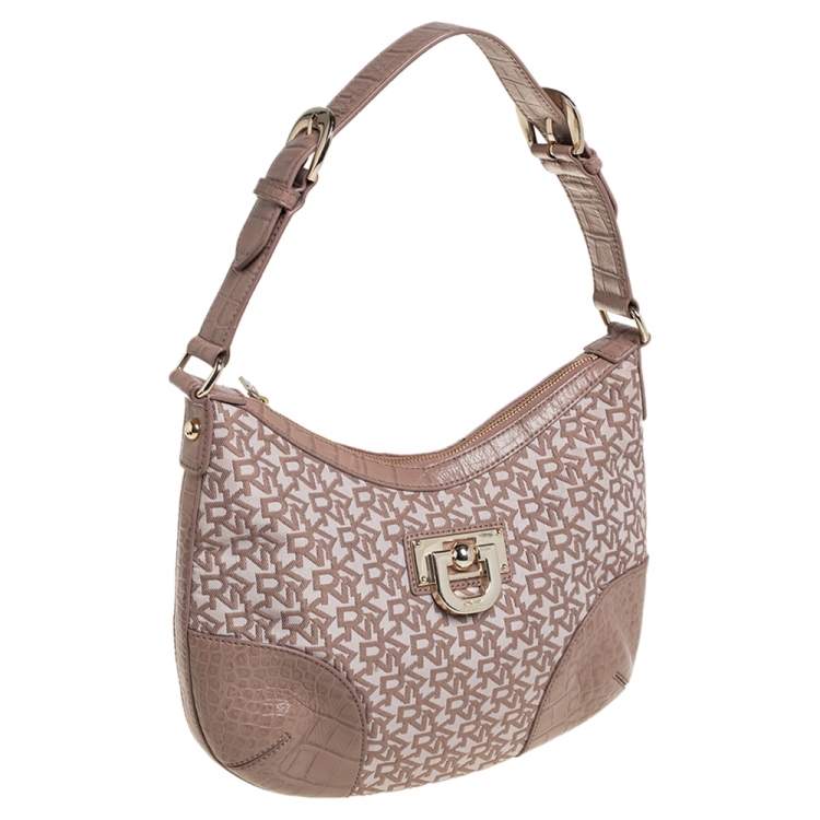 Pre Owned Dkny Beige Signature Canvas and Croc Embossed Leather Hobo