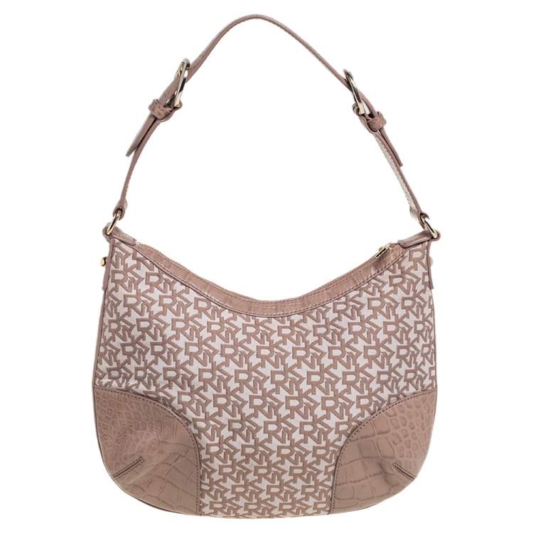 Pre Owned Dkny Beige Signature Canvas and Croc Embossed Leather Hobo
