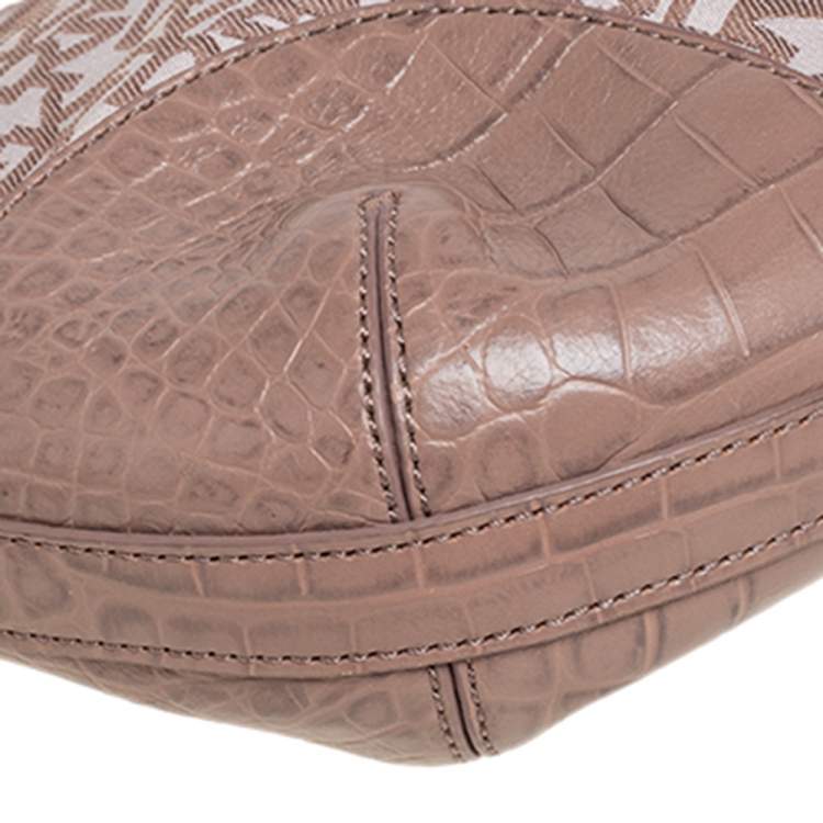 Pre Owned Dkny Beige Signature Canvas and Croc Embossed Leather Hobo