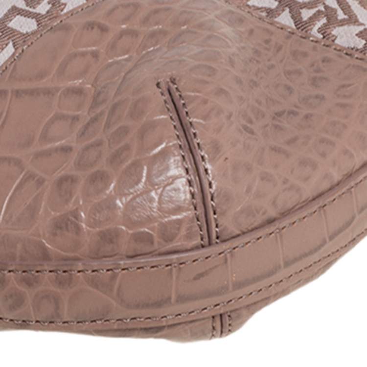 Pre Owned Dkny Beige Signature Canvas and Croc Embossed Leather Hobo
