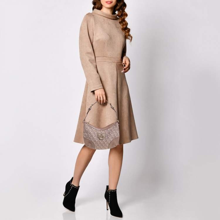 Pre Owned Dkny Beige Signature Canvas and Croc Embossed Leather Hobo