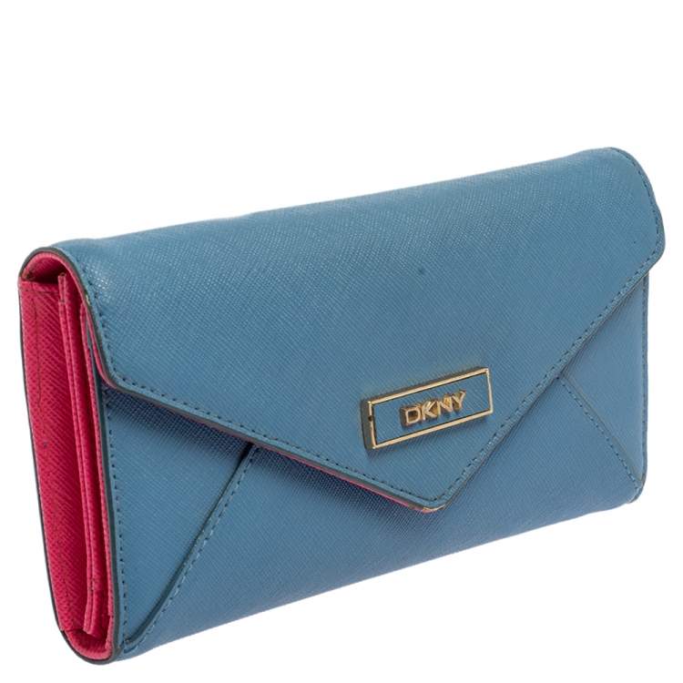 Pre Owned DKNY Blue/Pink Leather Long Trifold Wallet
