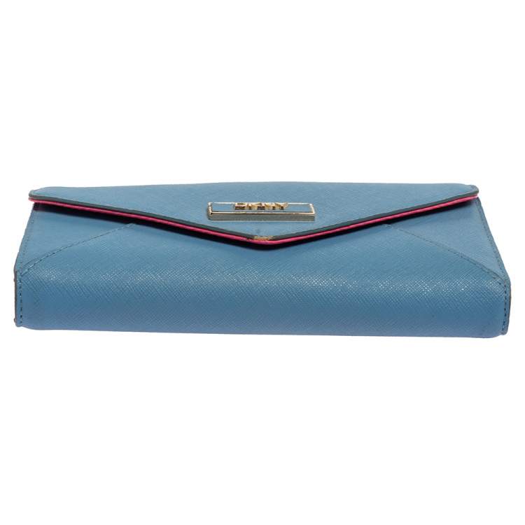 Pre Owned DKNY Blue/Pink Leather Long Trifold Wallet