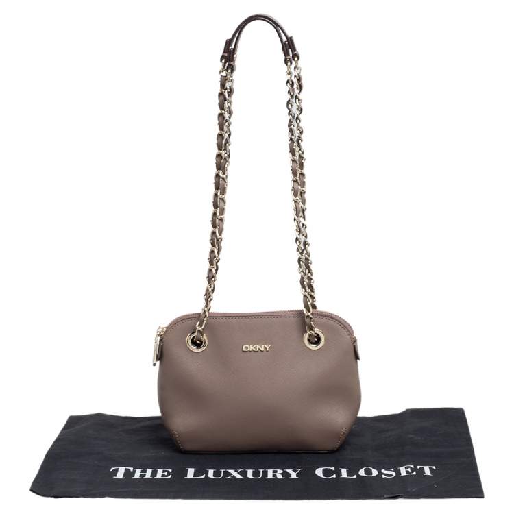 Pre Owned DKNY Dark Beige Leather Bryant Chain Shoulder Bag